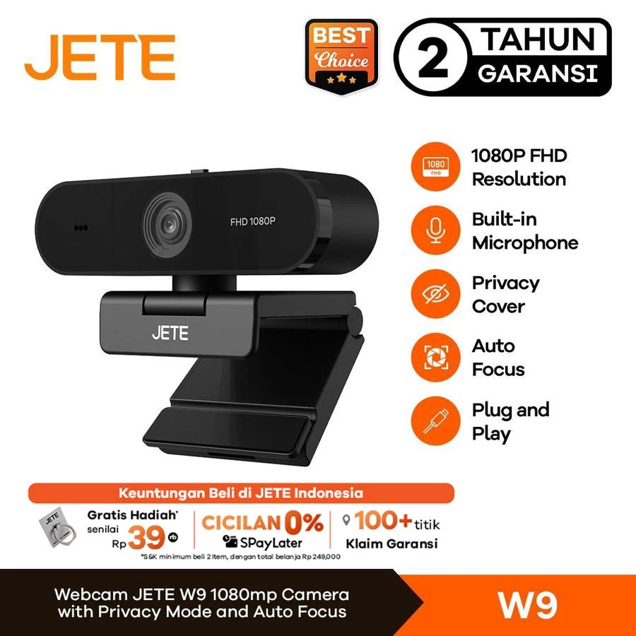JETE Webcam W9 Full HD 1080p Kamera Laptop Komputer With Mic Privacy Lens Cover For Live Video Meeting FHD Camera Auto Focus